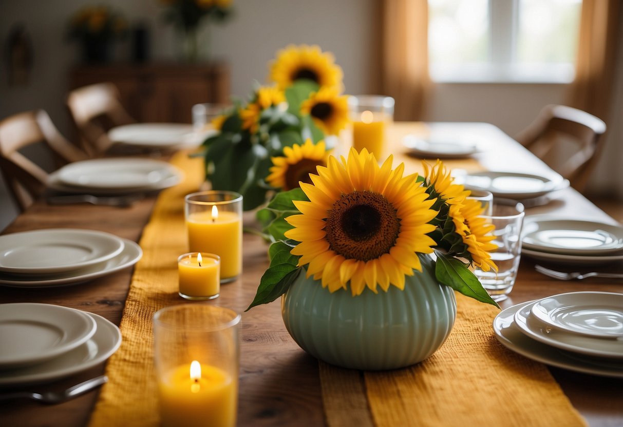 A long table with a vibrant sunflower table runner, surrounded by sunflower-themed home decor items like vases, candles, and place settings