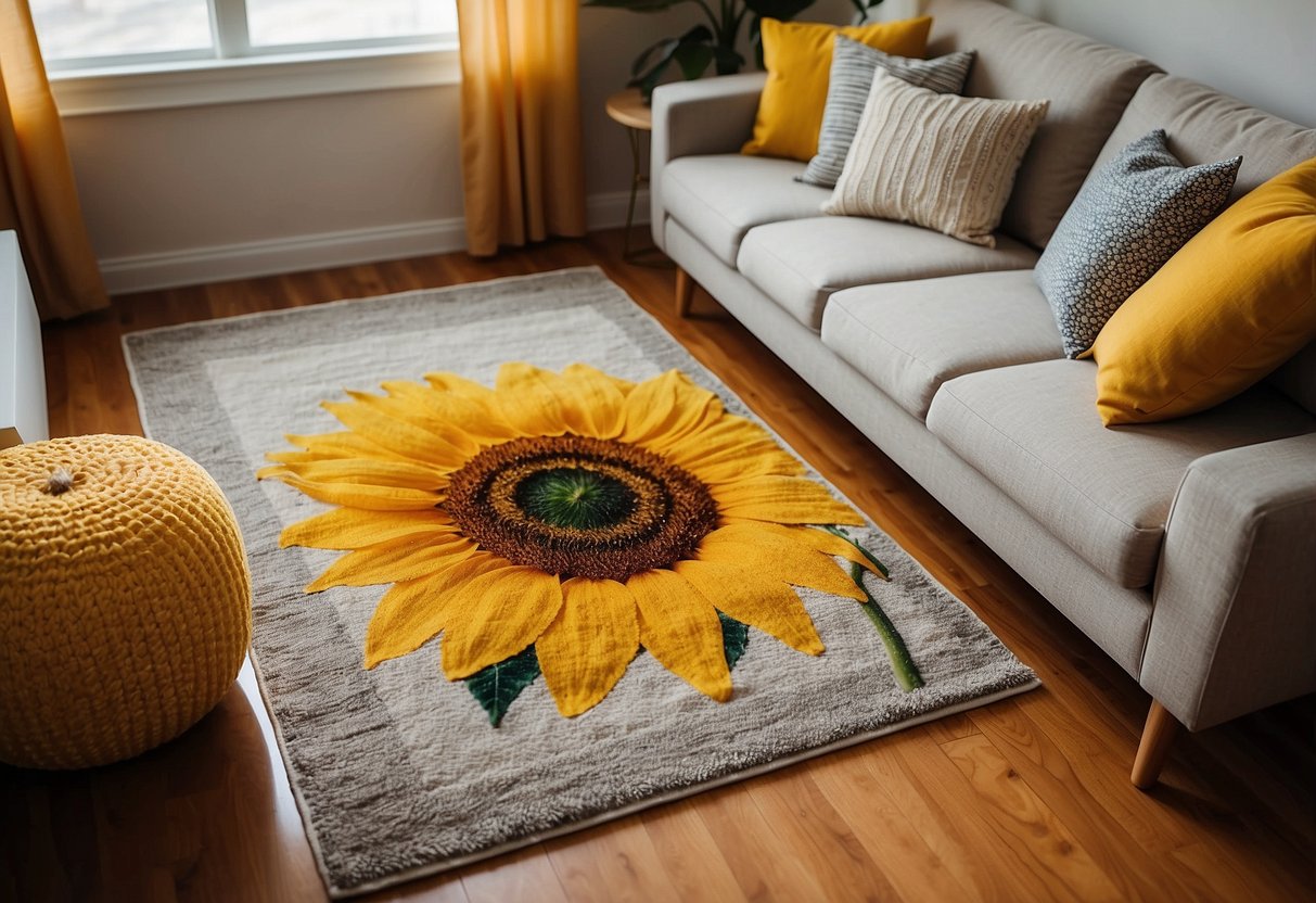 A bright sunflower area rug sits in a cozy living room, surrounded by matching sunflower throw pillows and curtains