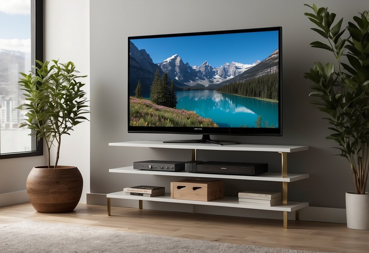 A sleek, modern TV stand adorned with minimalist decor, such as a potted plant, framed artwork, and a few decorative books