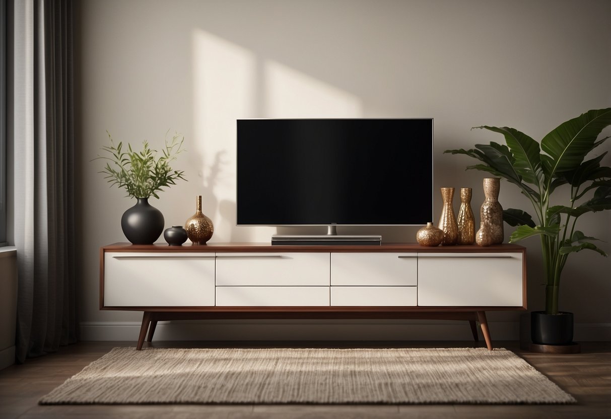 A sleek, mid-century modern TV stand adorned with a collection of classy vases, creating a stylish and sophisticated decor display