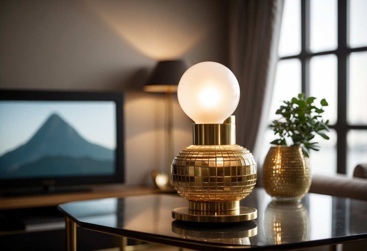 A brass geometric table lamp sits atop a sleek TV stand, adding a touch of sophistication to the decor