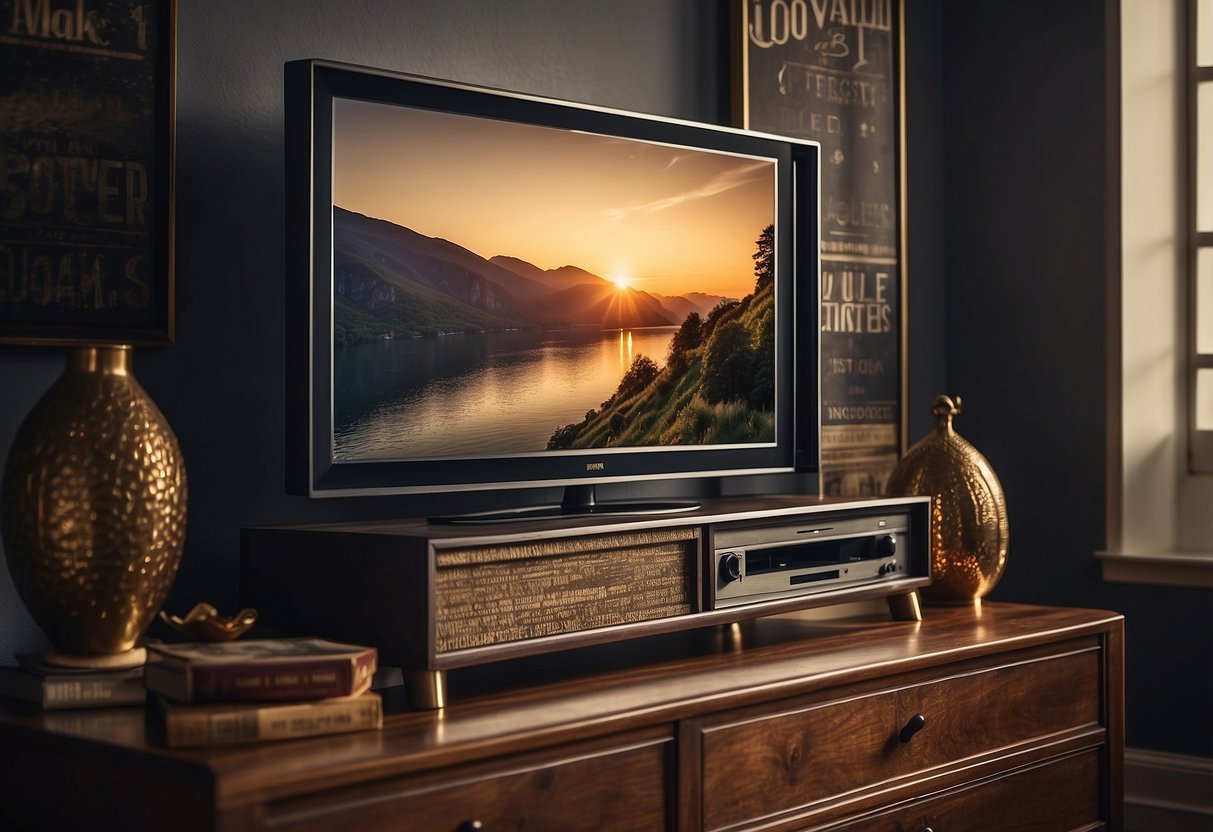 Framed vintage movie posters adorn a stylish TV stand, adding a touch of class to the room's decor