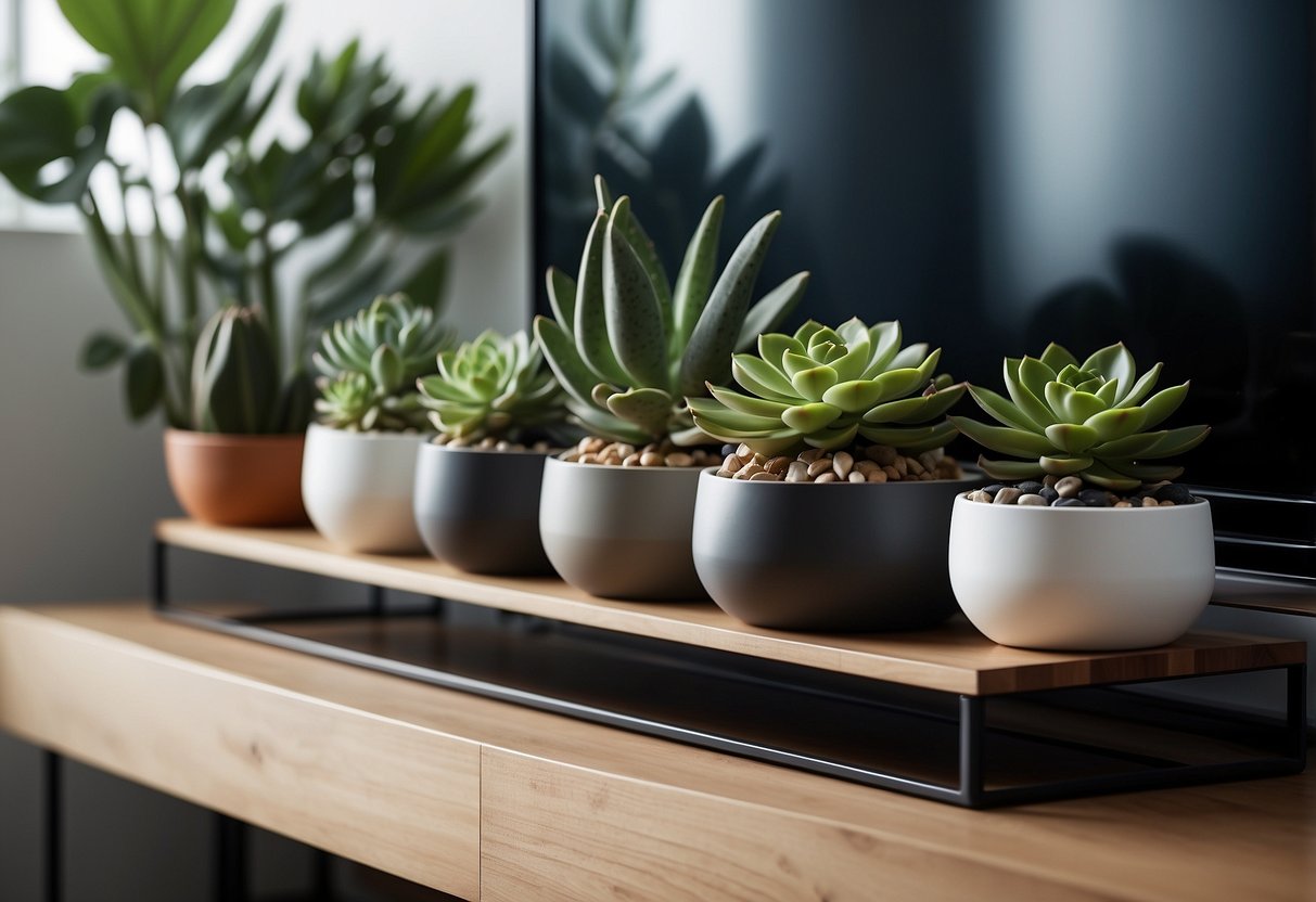 Sleek succulent planters arranged on a modern TV stand. Clean lines, neutral colors, and minimalist design