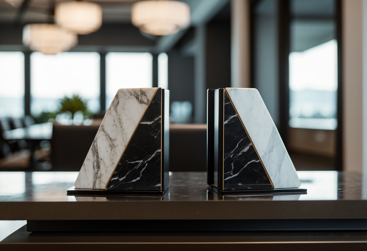 Two elegant marble bookends sit on a sleek TV stand, adding a touch of class to the decor