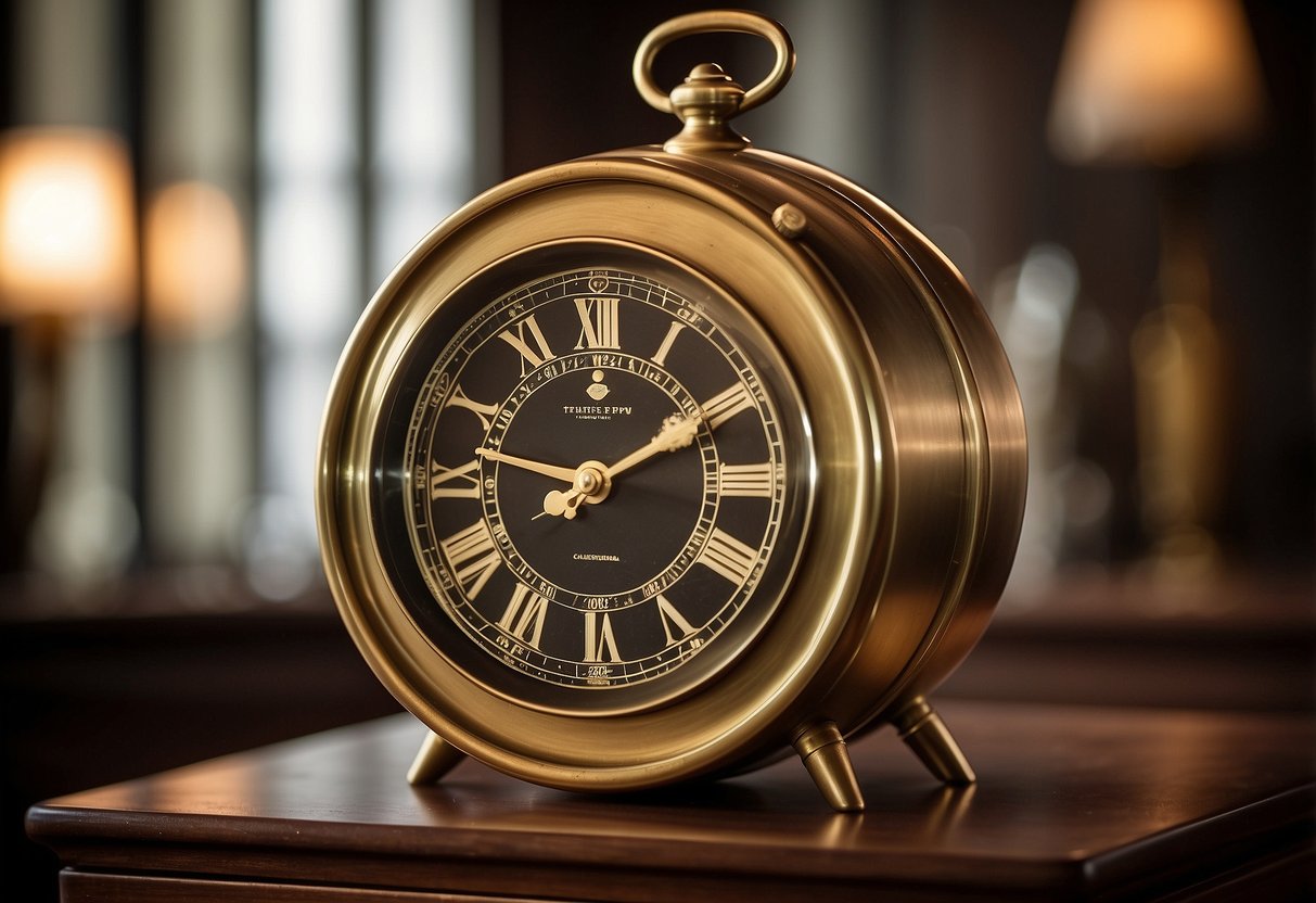 An antique brass clock sits atop a polished wooden TV stand, adding a touch of class to the room's decor