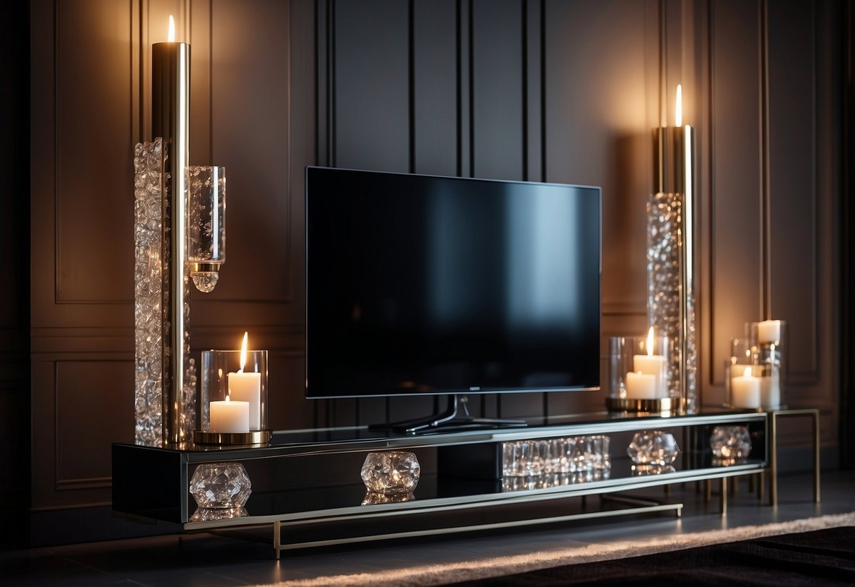 A sleek, modern TV stand adorned with elegant crystal candle holders, creating a sophisticated and luxurious ambiance