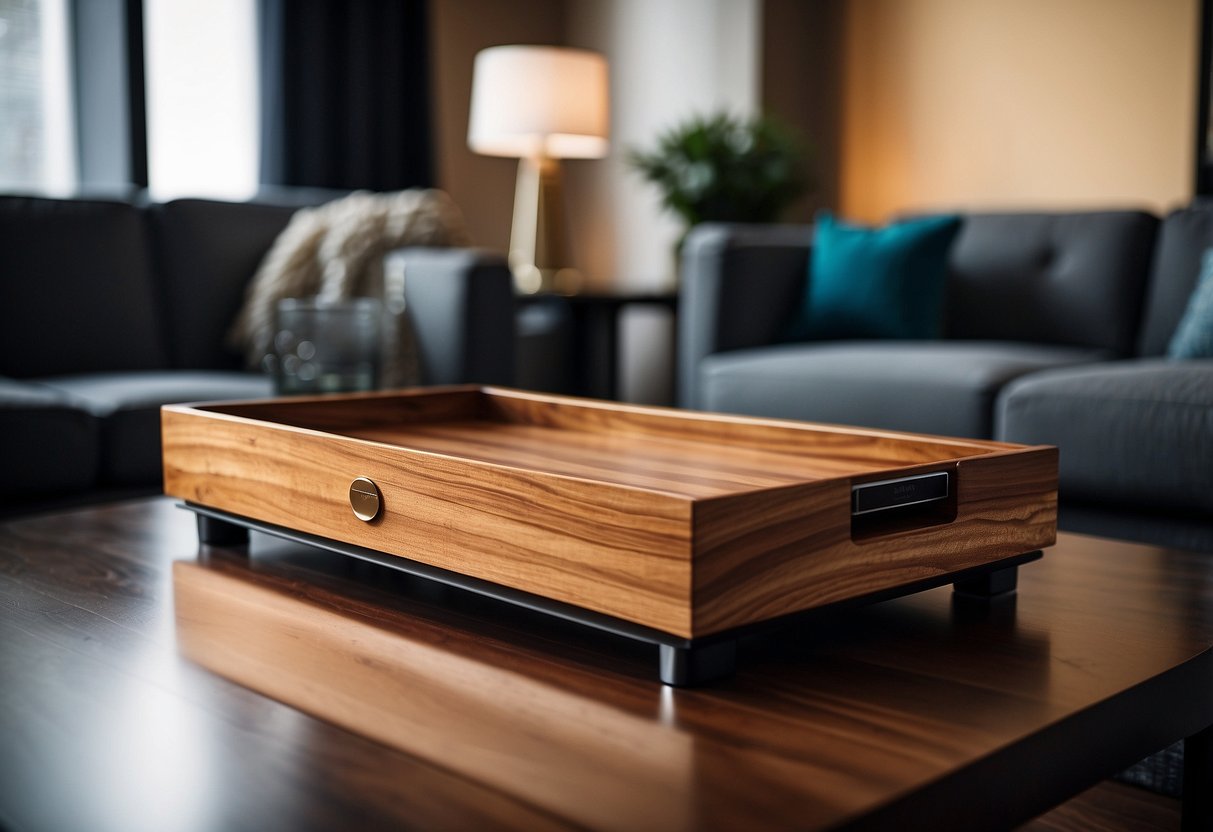 A wooden tray with elegant engravings sits atop a sleek TV stand, adding a touch of class to the room's decor