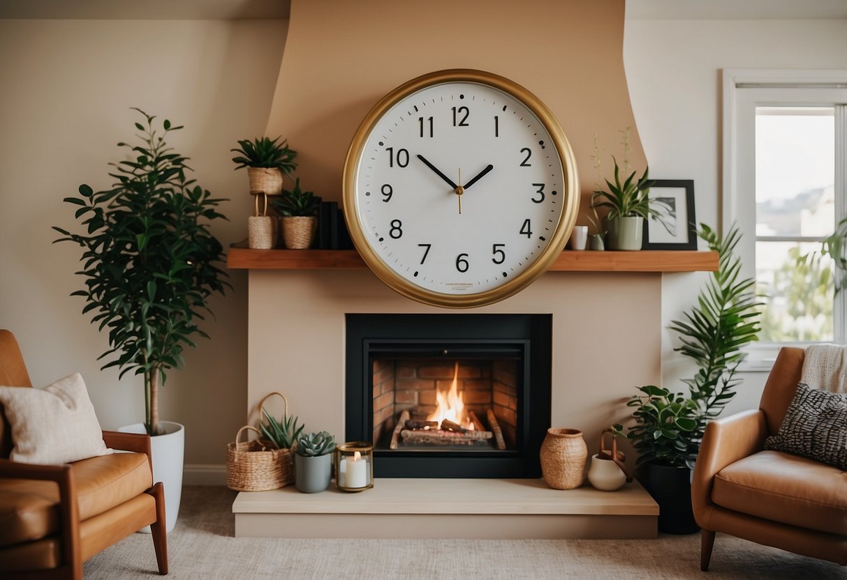 A wall clock mounted above a cozy fireplace, surrounded by framed family photos and potted plants, adding a touch of elegance to the room