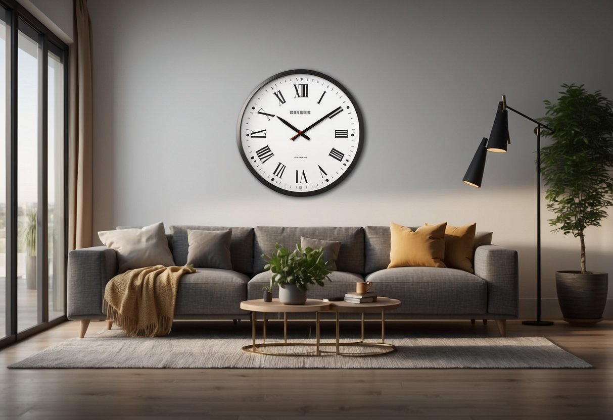 A sleek, modern metal wall clock hangs above a clean, minimalist living room. The clock's geometric design adds a touch of contemporary elegance to the space