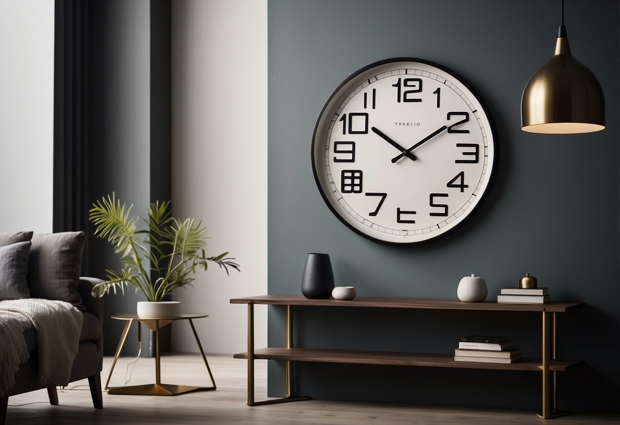 A sleek, frameless modern wall clock hangs above a minimalist home decor setup, adding a touch of contemporary style to the room