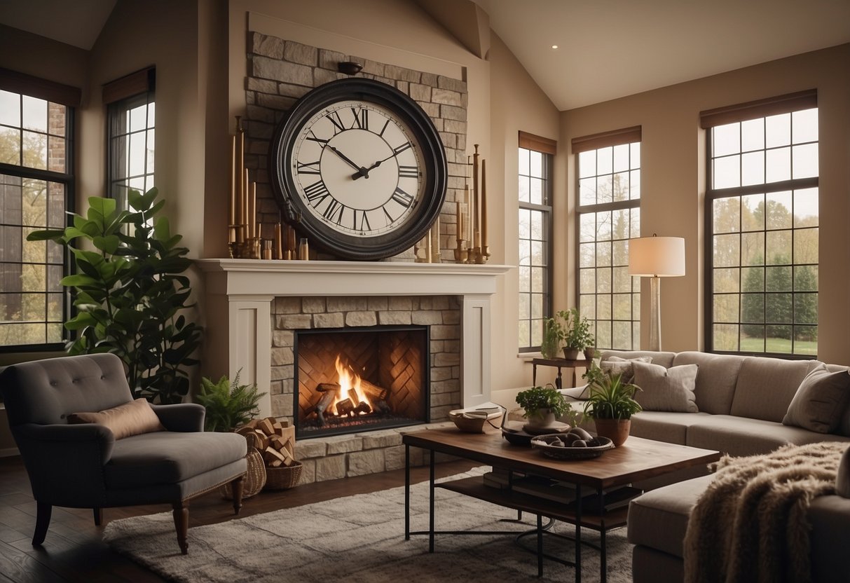 A large Roman numerals wall clock hangs above a cozy living room fireplace, adding a touch of classic elegance to the home decor