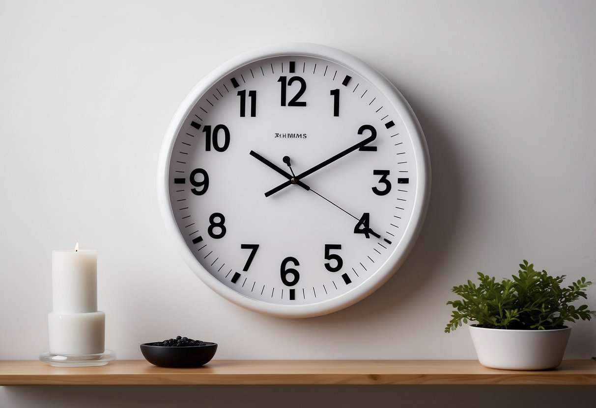 A simple, modern wall clock hangs against a clean, white wall with minimalistic decor. The clock features bold black numbers and hands on a crisp white background