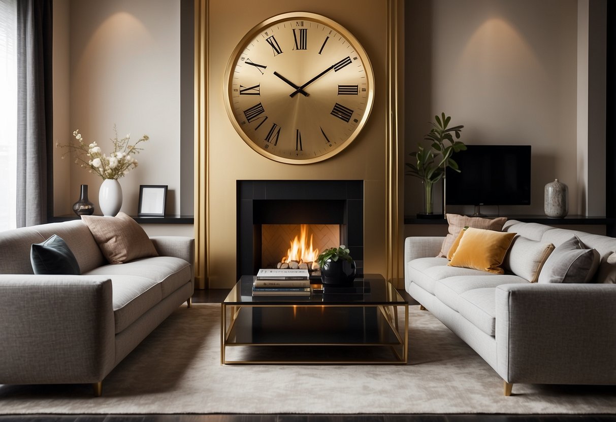 A sleek Art Deco gold wall clock hangs above a minimalist fireplace, adding a touch of elegance to the modern living room decor