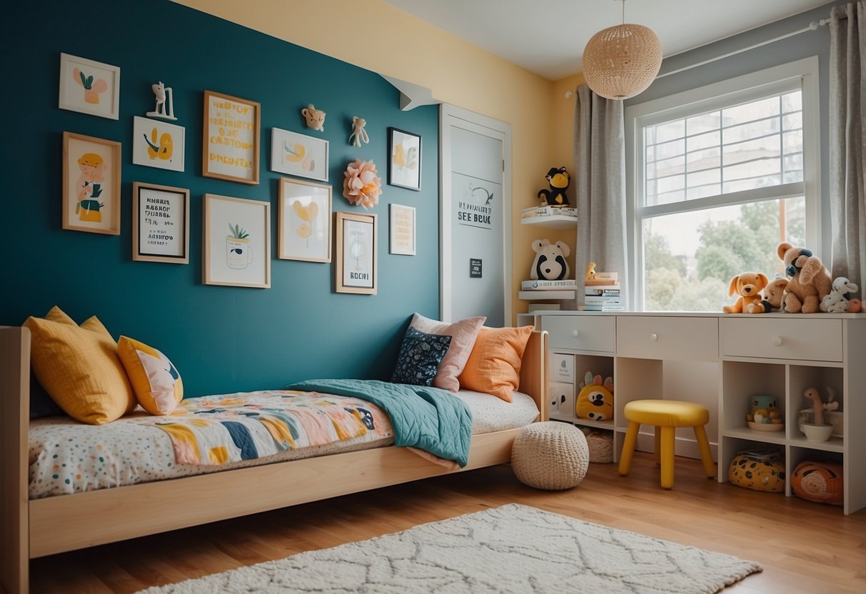 A colorful and playful children's room with a cozy reading nook, whimsical wall decals, and a vibrant mix of patterns and textures in the bedding and decor