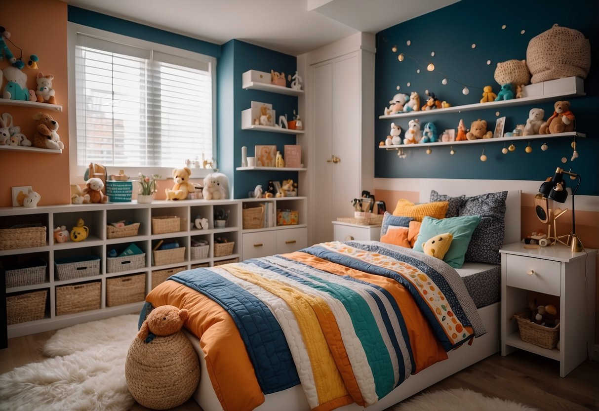 A cozy children's room with themed bedding sets, colorful pillows, and fun wall decals. Toy storage bins and a bookshelf complete the playful decor