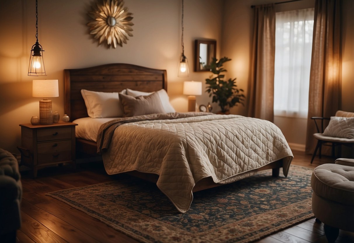 A cozy bedroom with wooden furniture, soft linens, and warm lighting. A quilted blanket drapes over a wrought iron bed frame, while a vintage rug adds a touch of rustic charm