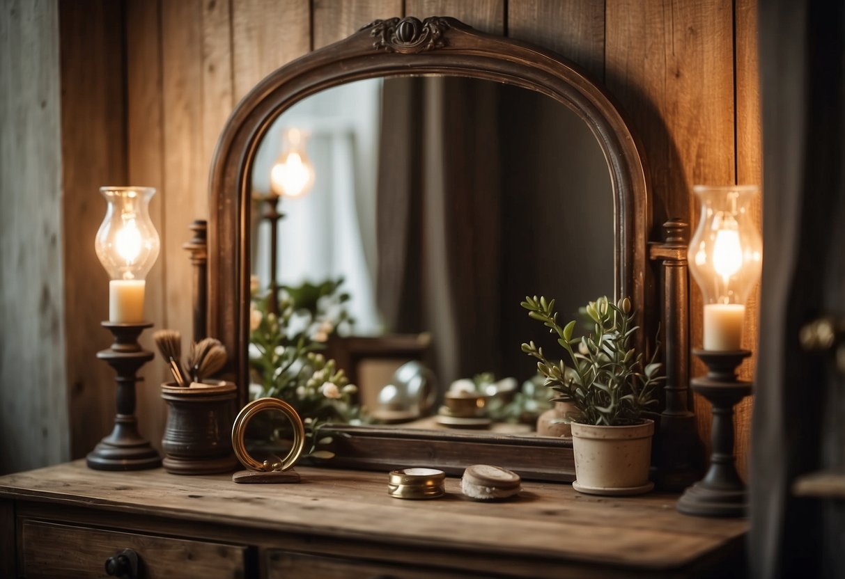 An antique vanity mirror sits on a distressed wooden dresser in a cozy rustic bedroom, surrounded by vintage decor and soft, warm lighting