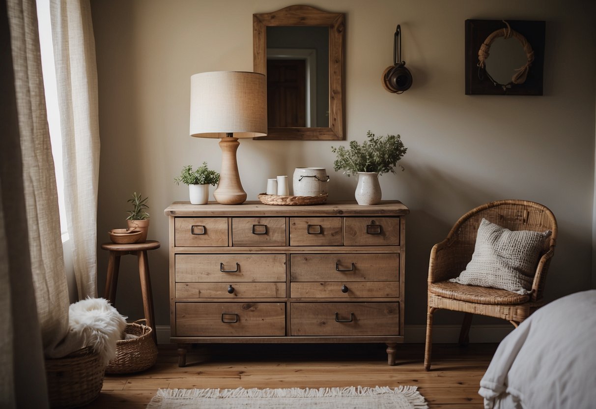 A distressed farmhouse dresser sits in a rustic bedroom, adorned with vintage decor and cozy textiles