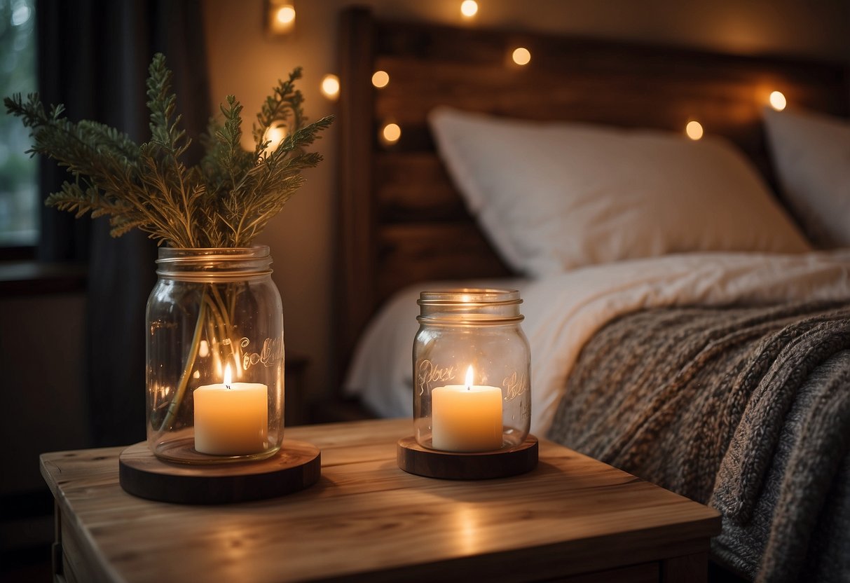 A cozy bedroom with mason jar candle holders on a wooden bedside table, casting a warm glow in the rustic decor