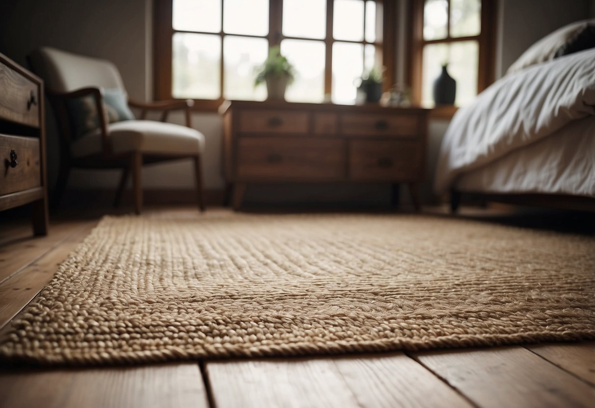 A handwoven jute area rug lies on the wooden floor of a rustic bedroom, adding warmth and texture to the cozy home decor