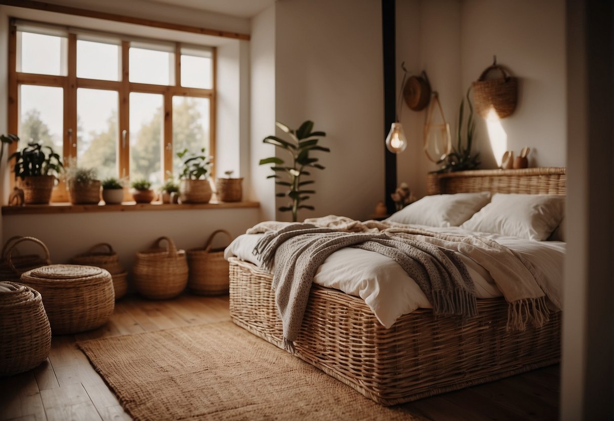 A cozy bedroom with wicker storage baskets, warm lighting, and rustic decor