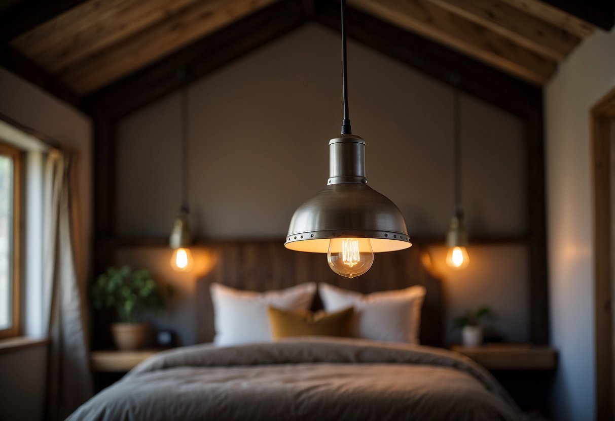 A galvanized metal pendant light hangs above a rustic bedroom, casting a warm glow over the cozy decor