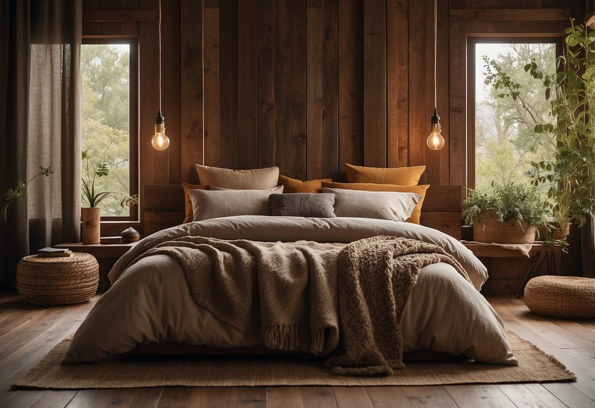 A cozy rustic bedroom with warm earthy tones and natural textures, featuring a mix of wood, metal, and soft fabrics