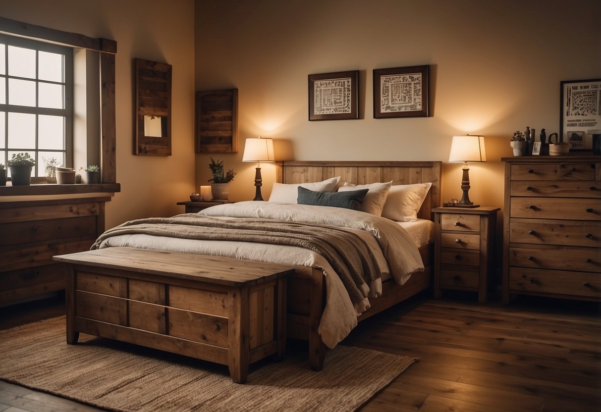 A cozy bedroom with wooden furniture, a rugged bed frame, and a vintage dresser. A warm color palette and soft lighting create a rustic and inviting atmosphere