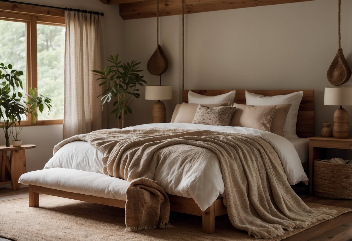 A cozy bedroom with natural textiles and rustic fabrics, featuring earthy tones and soft textures. A woven blanket drapes over a wooden bed frame, complemented by linen curtains and a plush rug