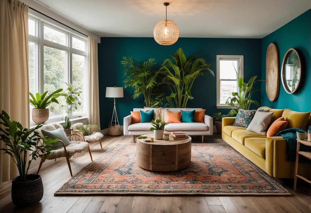 A living room with vibrant throw pillows, a bold patterned rug, and eclectic wall art. Bright curtains frame the windows, and a mix of plants add a pop of greenery