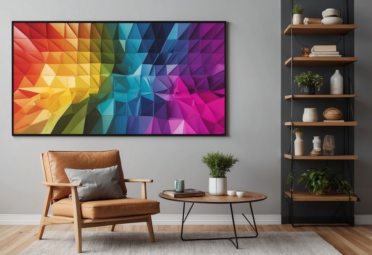 A vibrant rainbow geometric wall art hangs in a modern living room, adding a pop of color to the minimalist decor