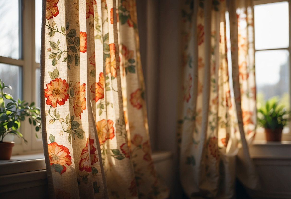 Vintage floral curtains hang in a sunlit room, casting a warm and colorful glow over the cozy home decor