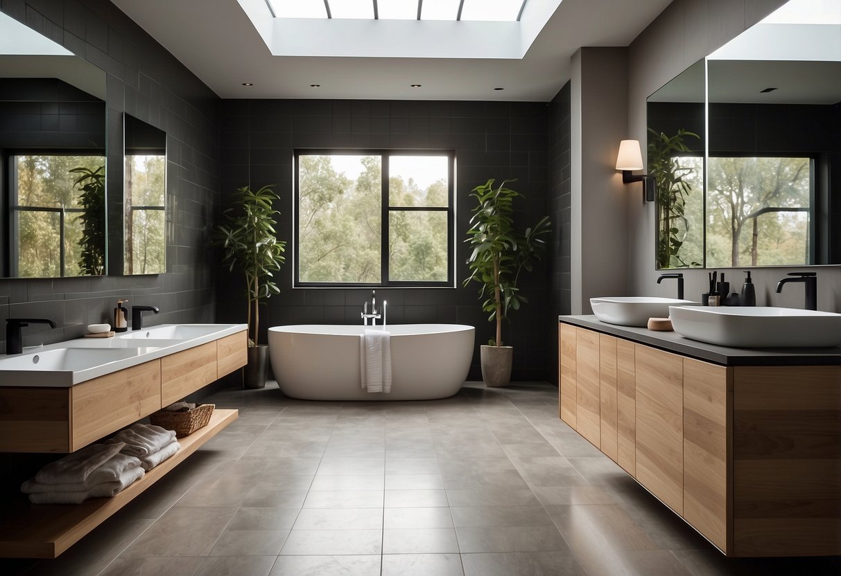 A modern bathroom with a freestanding bathtub, a large vanity with double sinks, sleek chrome fixtures, and a statement mirror. The walls are adorned with minimalist artwork and the floor is covered in large, neutral-colored tiles