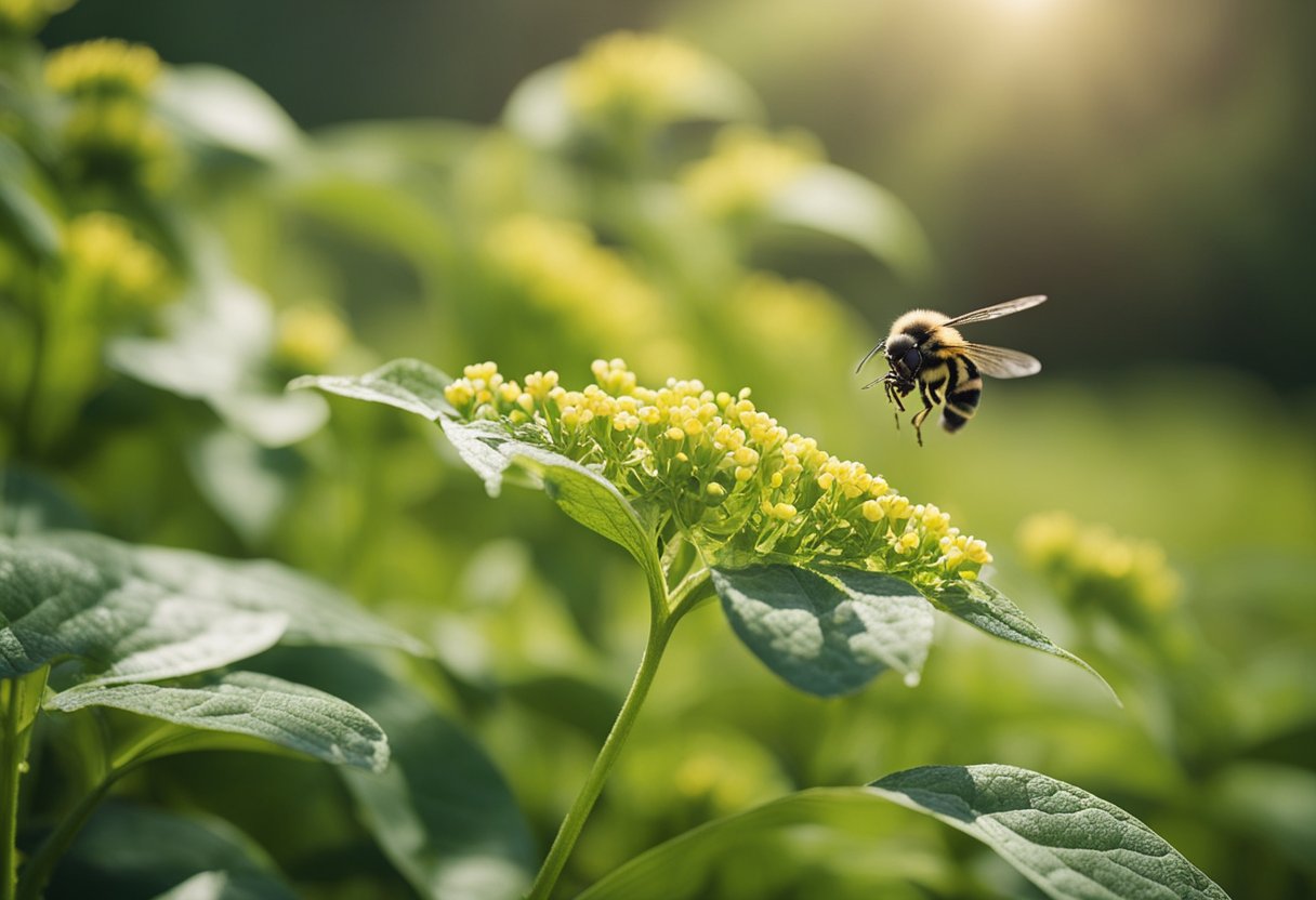 Herbicides spraying on plants, causing wilting and yellowing leaves. Pollinators and wildlife affected by chemical drift