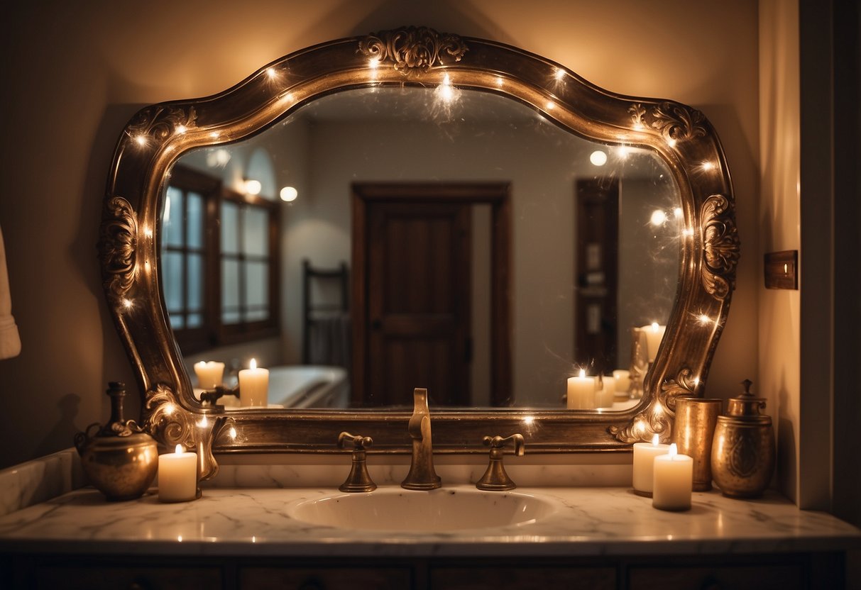 A vintage mirror hangs above a rustic vanity, reflecting the soft glow of candlelight in a cozy bathroom