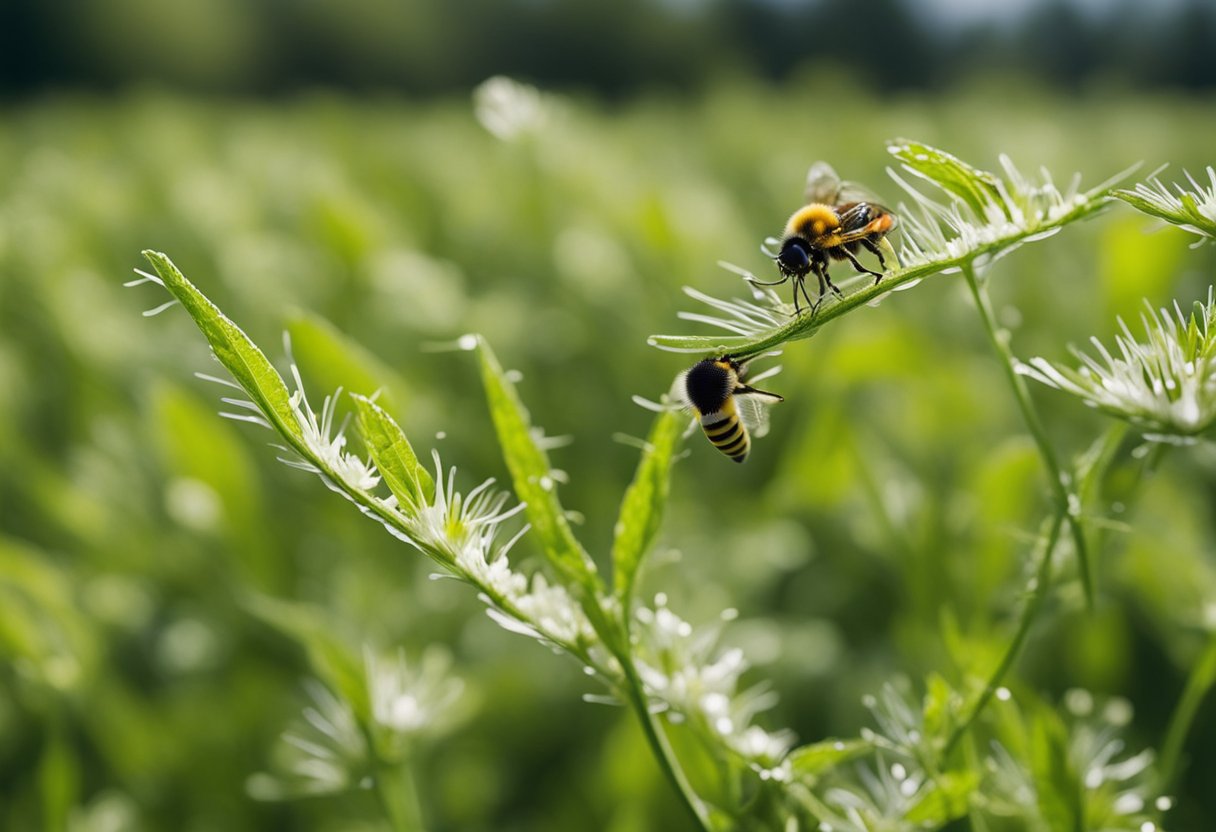 Herbicides sprayed on plants, causing wilting and death. Pollinators harmed by toxic chemicals, affecting wildlife