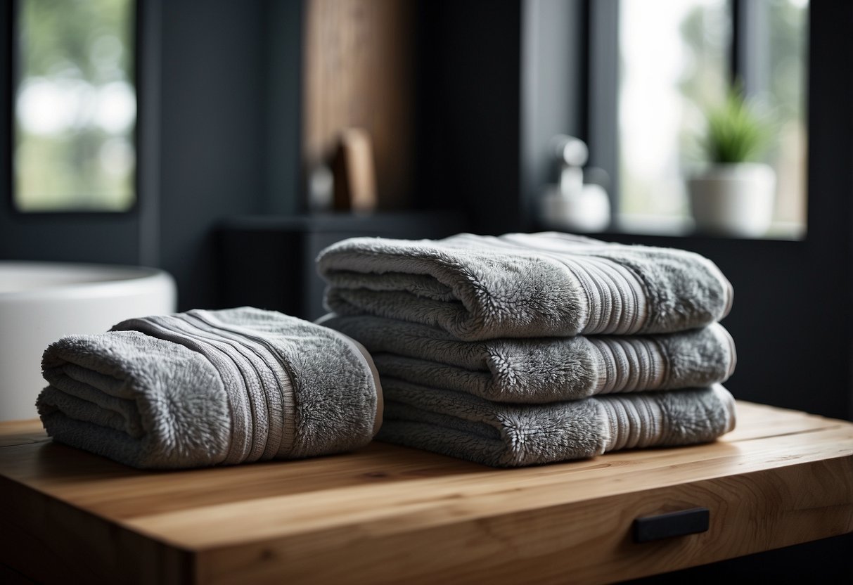 A stack of monochrome towels arranged neatly on a wooden rack in a modern bathroom