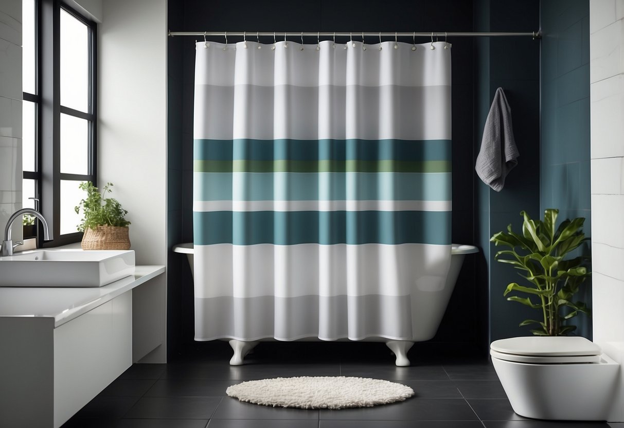 A geometric shower curtain hangs in a modern bathroom, complementing the clean lines and minimalist decor