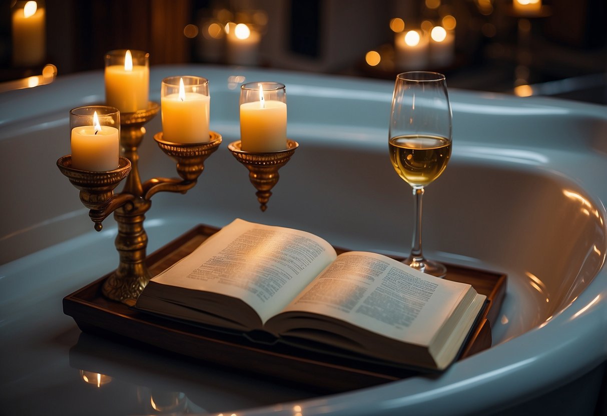 A bathtub tray with a book holder rests on the edge of a luxurious tub, surrounded by candles and a glass of wine