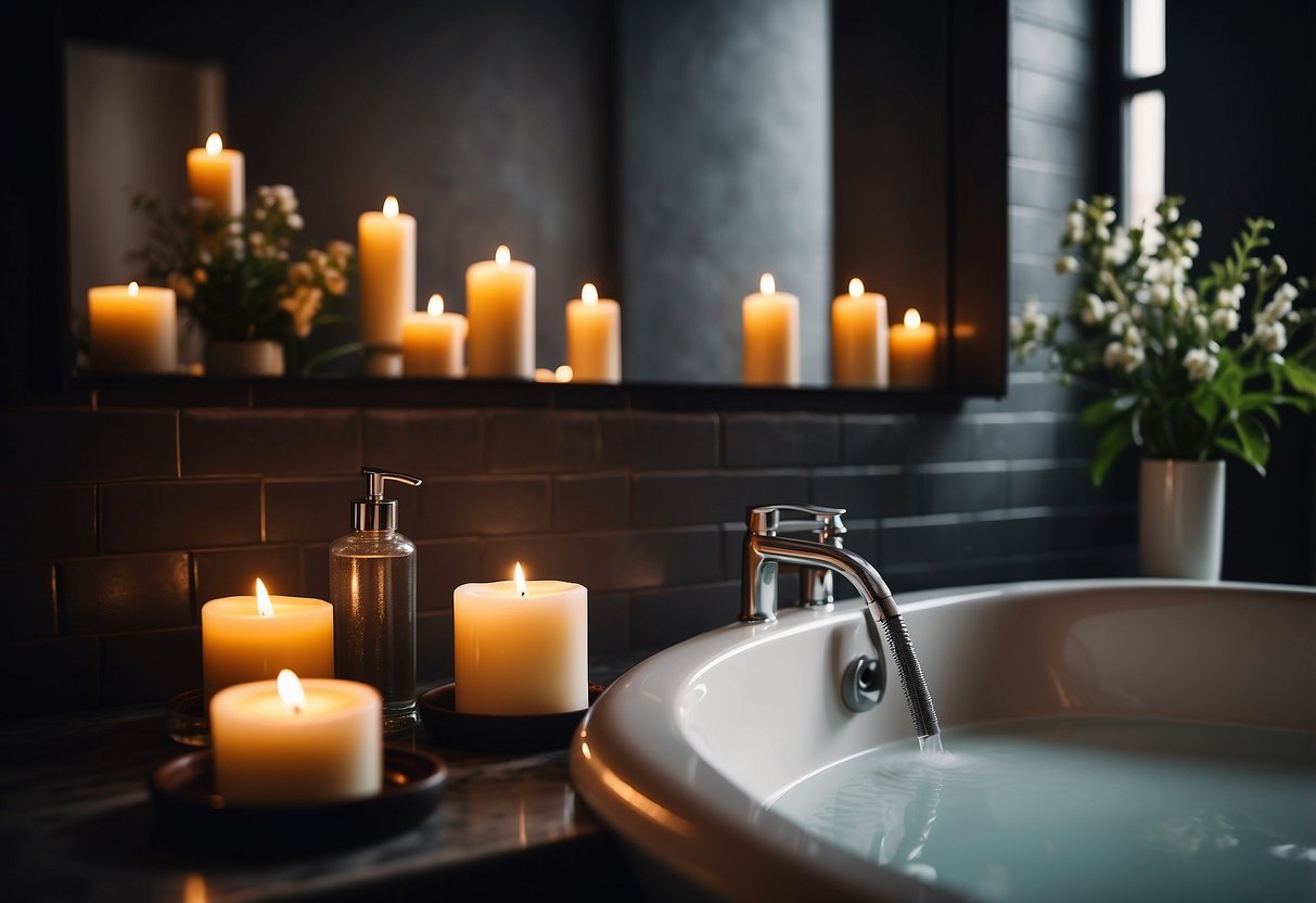 A bathroom with scented soy candles arranged around a bathtub, adding a warm and inviting ambiance to the space