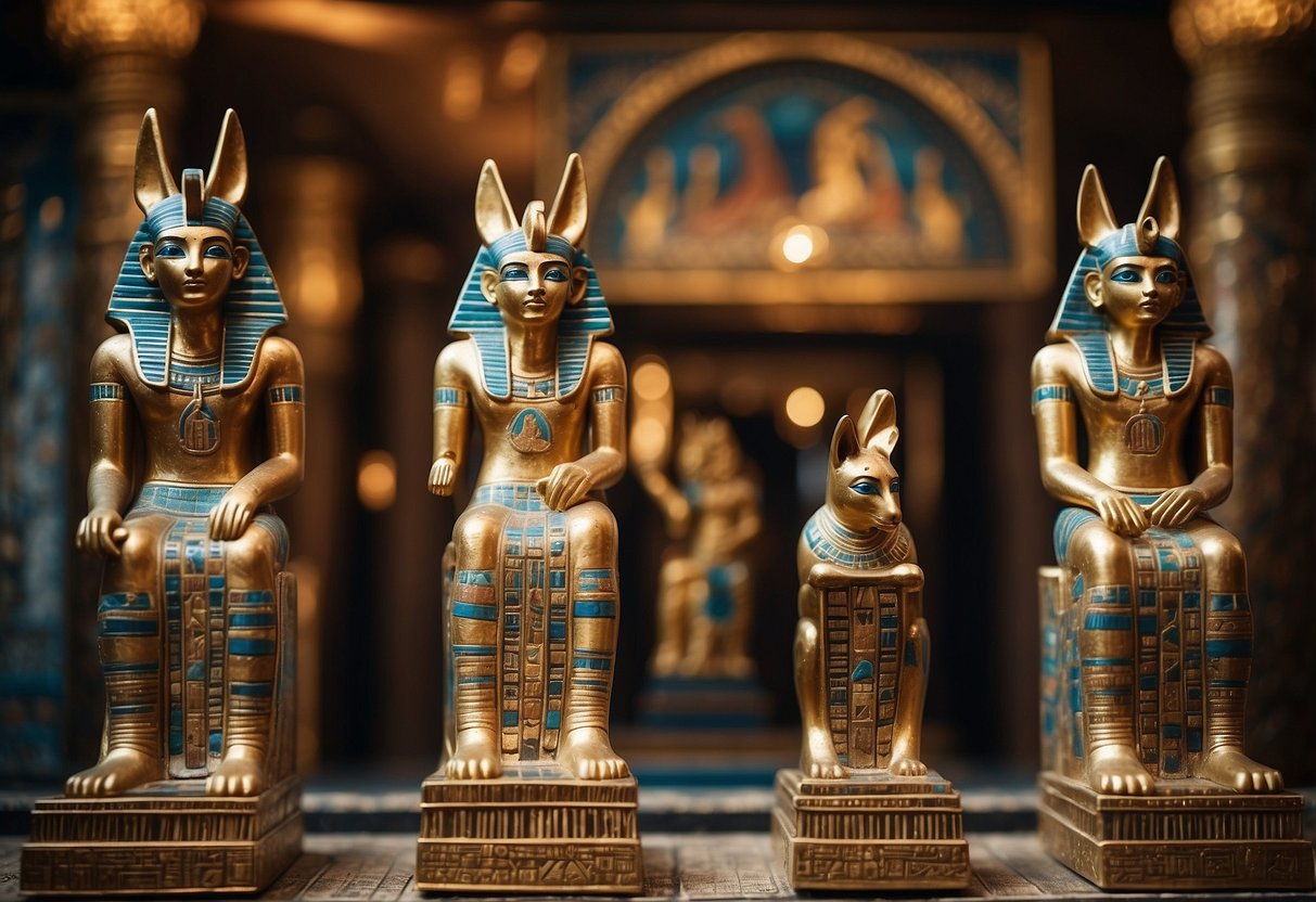 An Egyptian home adorned with ornate hieroglyphic carvings, richly colored tapestries, and intricate mosaic tiles. Anubis and Bastet statues stand guard beside a gilded sarcophagus