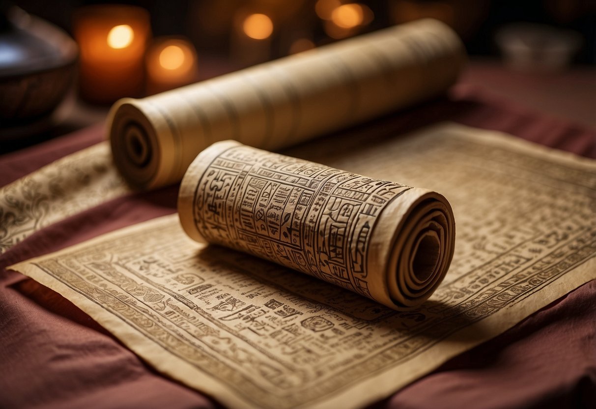 An ancient papyrus scroll unfurls, adorned with intricate Egyptian hieroglyphics, set against a backdrop of richly colored textiles and ornate pottery