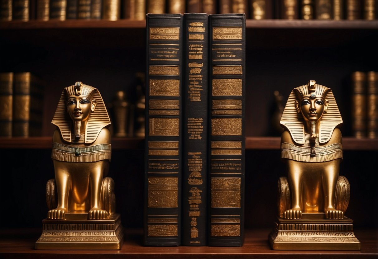 Two ornate Pharaoh bookends sit on a wooden shelf, flanking a collection of ancient Egyptian texts and artifacts. The room is dimly lit, casting a warm glow on the intricate details of the bookends