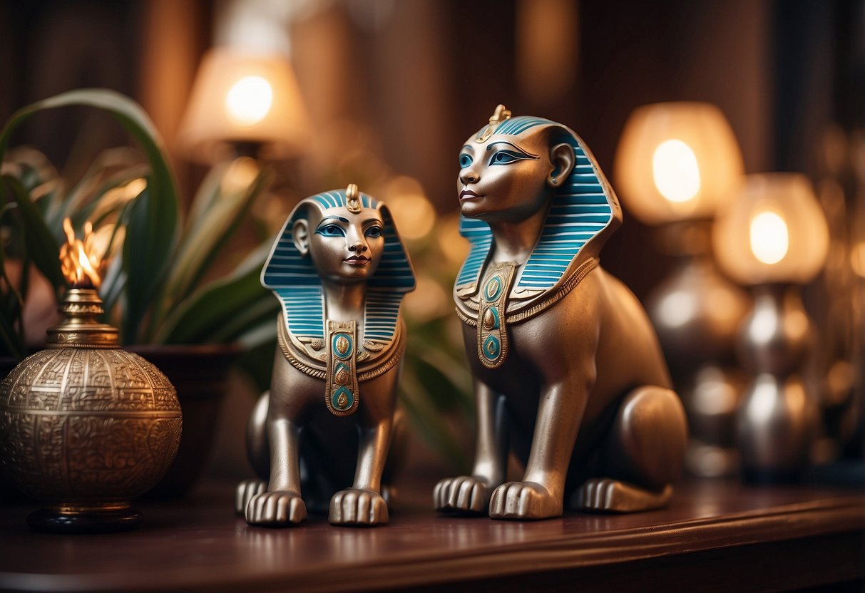 Two sphinx figurines sit on a mantle, surrounded by Egyptian home decor