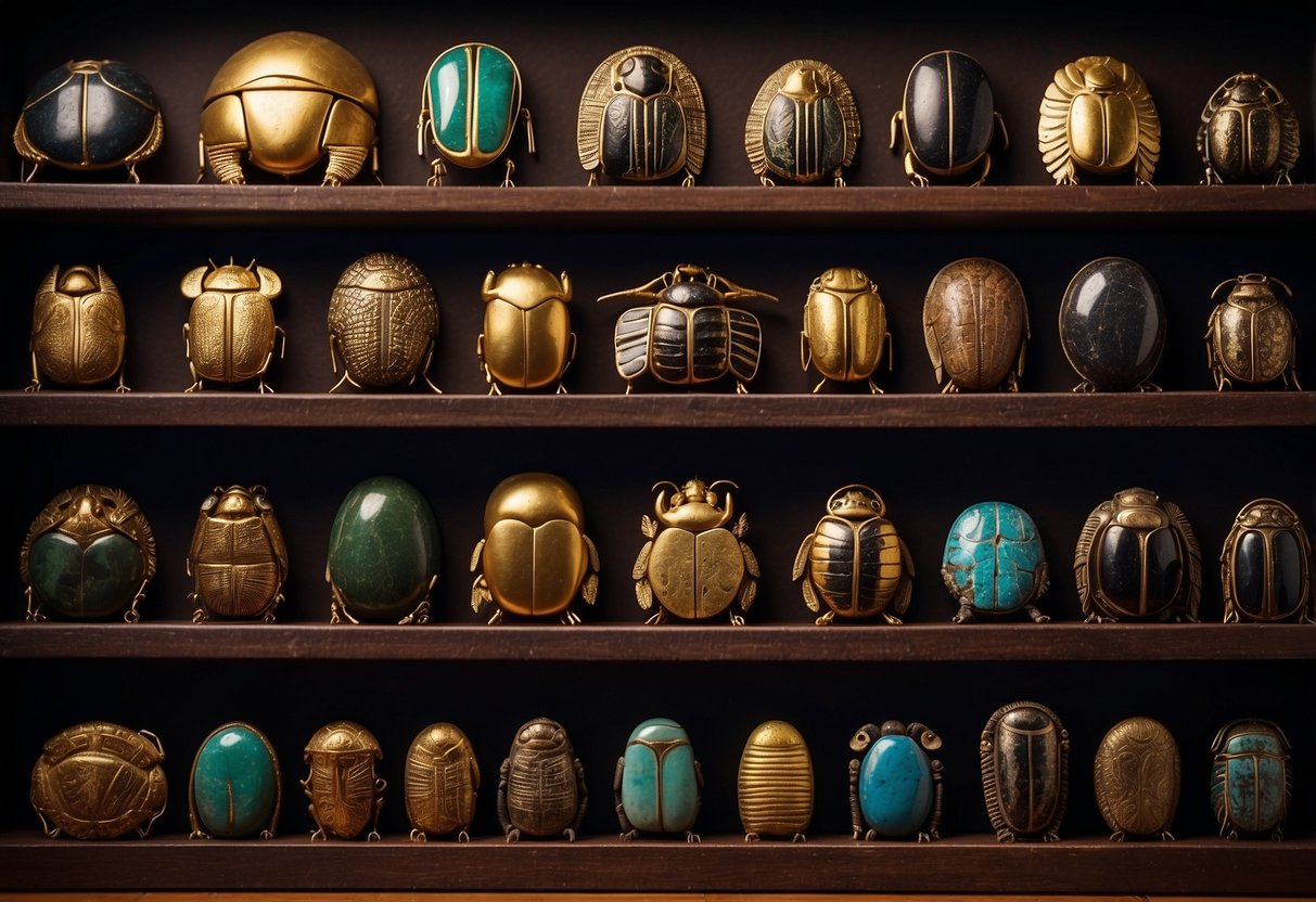 A collection of scarabs, ancient Egyptian home decor, displayed on a wooden shelf with hieroglyphics in the background