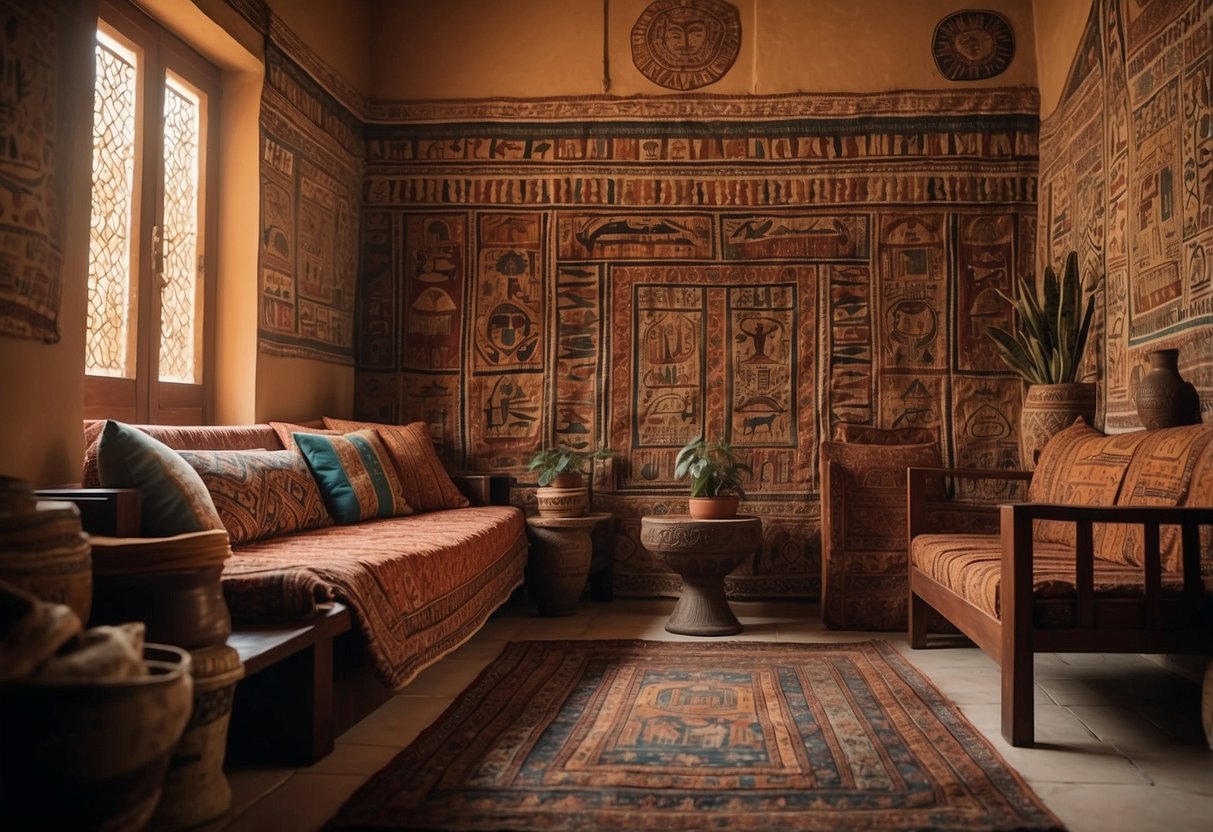 A traditional Egyptian home with vibrant tapestries, ornate pottery, and intricate mosaic tiles. Symbols of ancient gods and hieroglyphics adorn the walls, while richly colored textiles and carved wooden furniture create a warm and inviting atmosphere