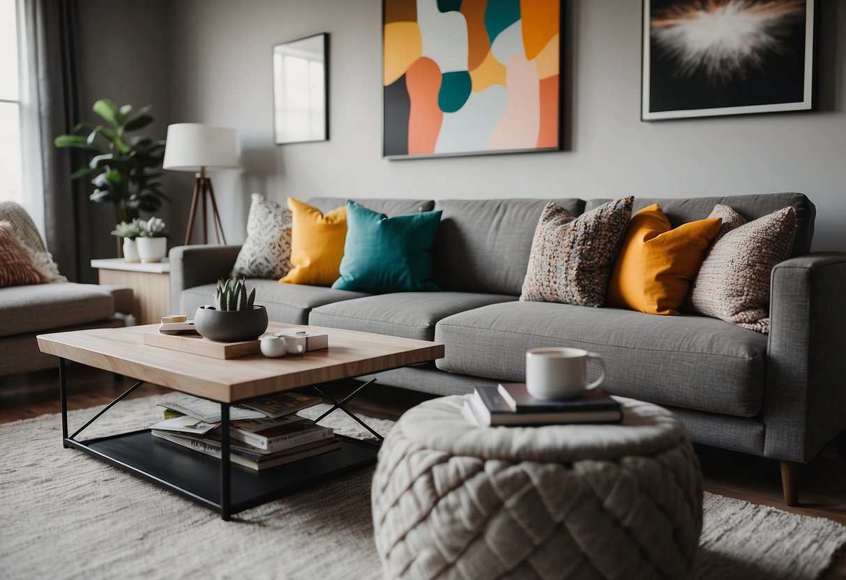 A grey couch sits in a cozy living room, adorned with colorful throw pillows and a soft knitted blanket. A sleek coffee table and modern artwork complete the stylish decor