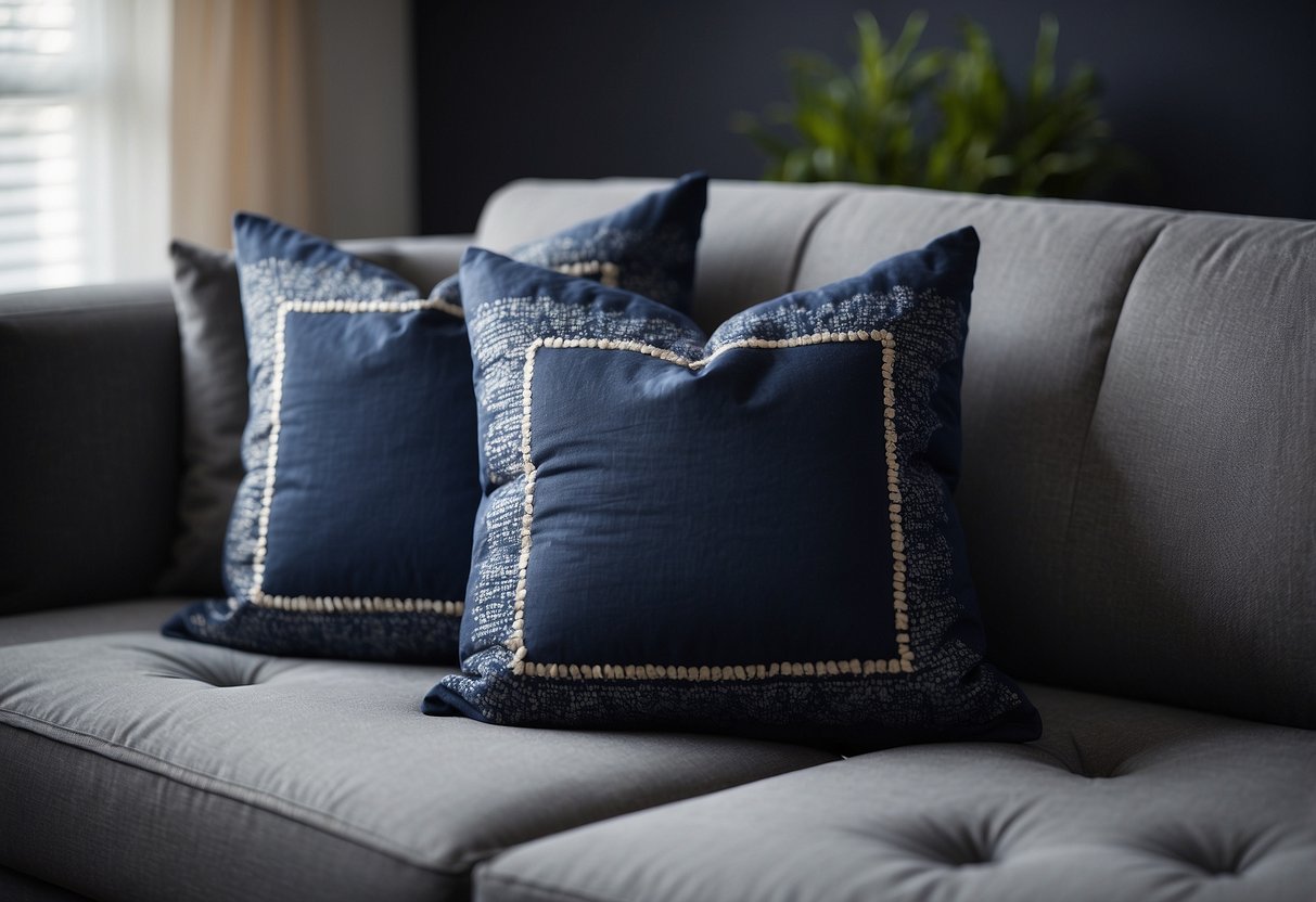 Two navy blue throw pillows arranged on a grey couch for home decor