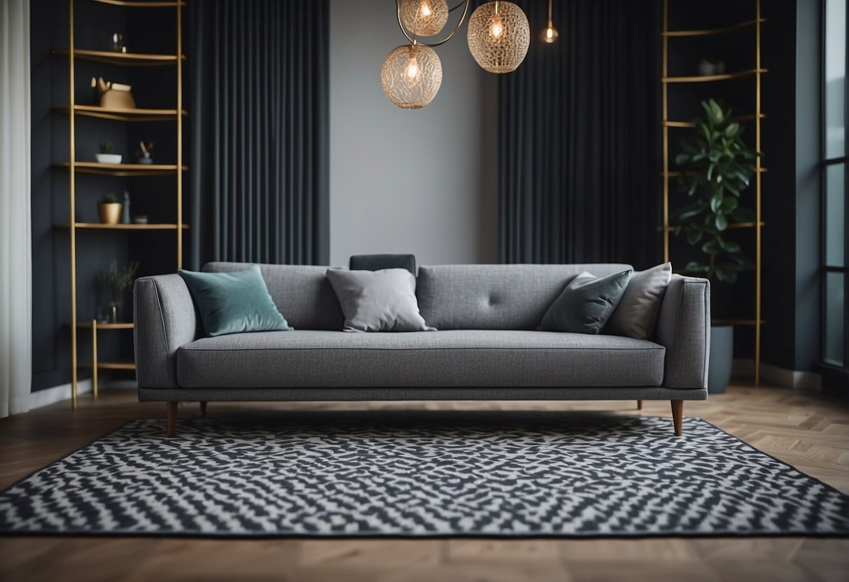 A grey couch sits on a geometric patterned area rug, creating a modern home decor idea