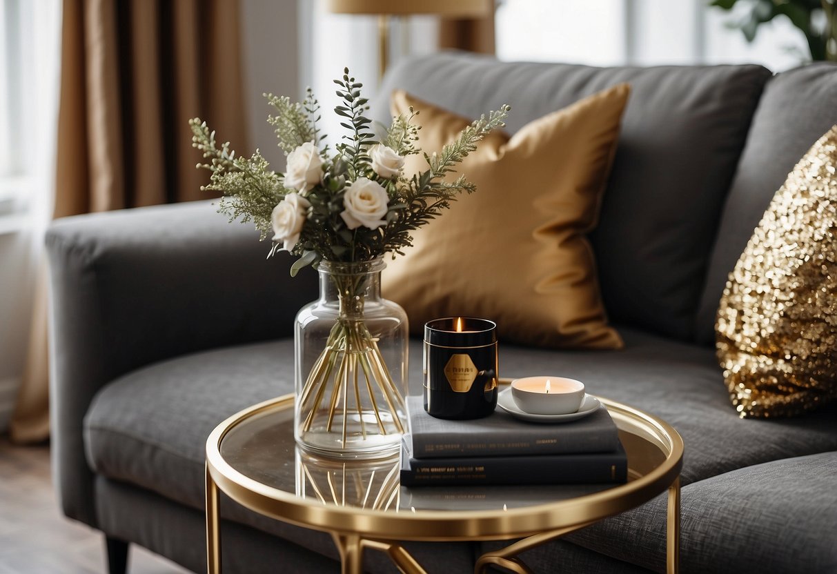 A gold metallic side table stands next to a grey couch, showcasing elegant home decor ideas